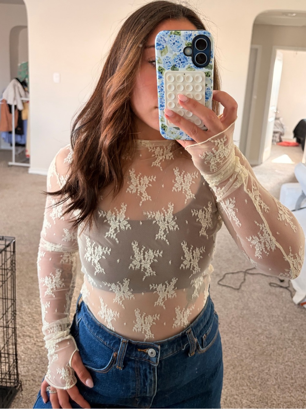 Free People lady lux Sheer Lace Floral Long-Sleeve Top in Cream